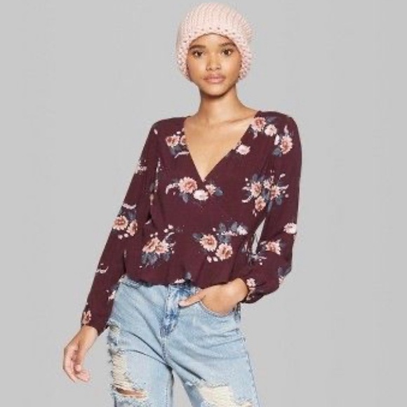 Wild Fable Burgundy Long Sleeve Floral 